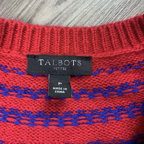 Talbots Sweater Women’s Petite Red Navy Fair Isle Lambswool Blend - Picture 3 of 7